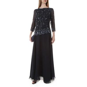 J Kara Beaded 3/4 Sleeve Dress, Navy Blue